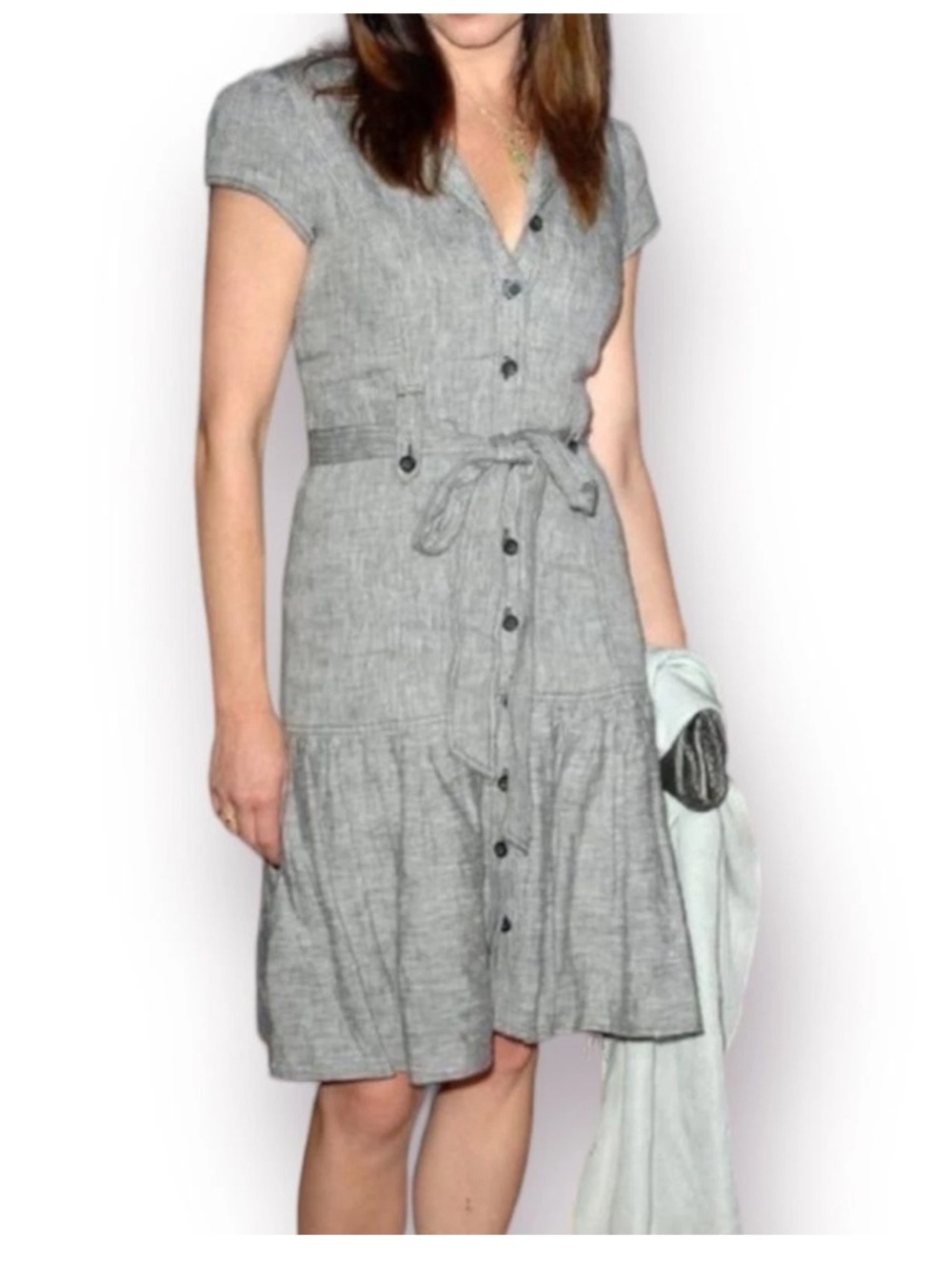SHANI Gray Button-Front Tie-Waist Mini Shirt Dress Linen Size 8